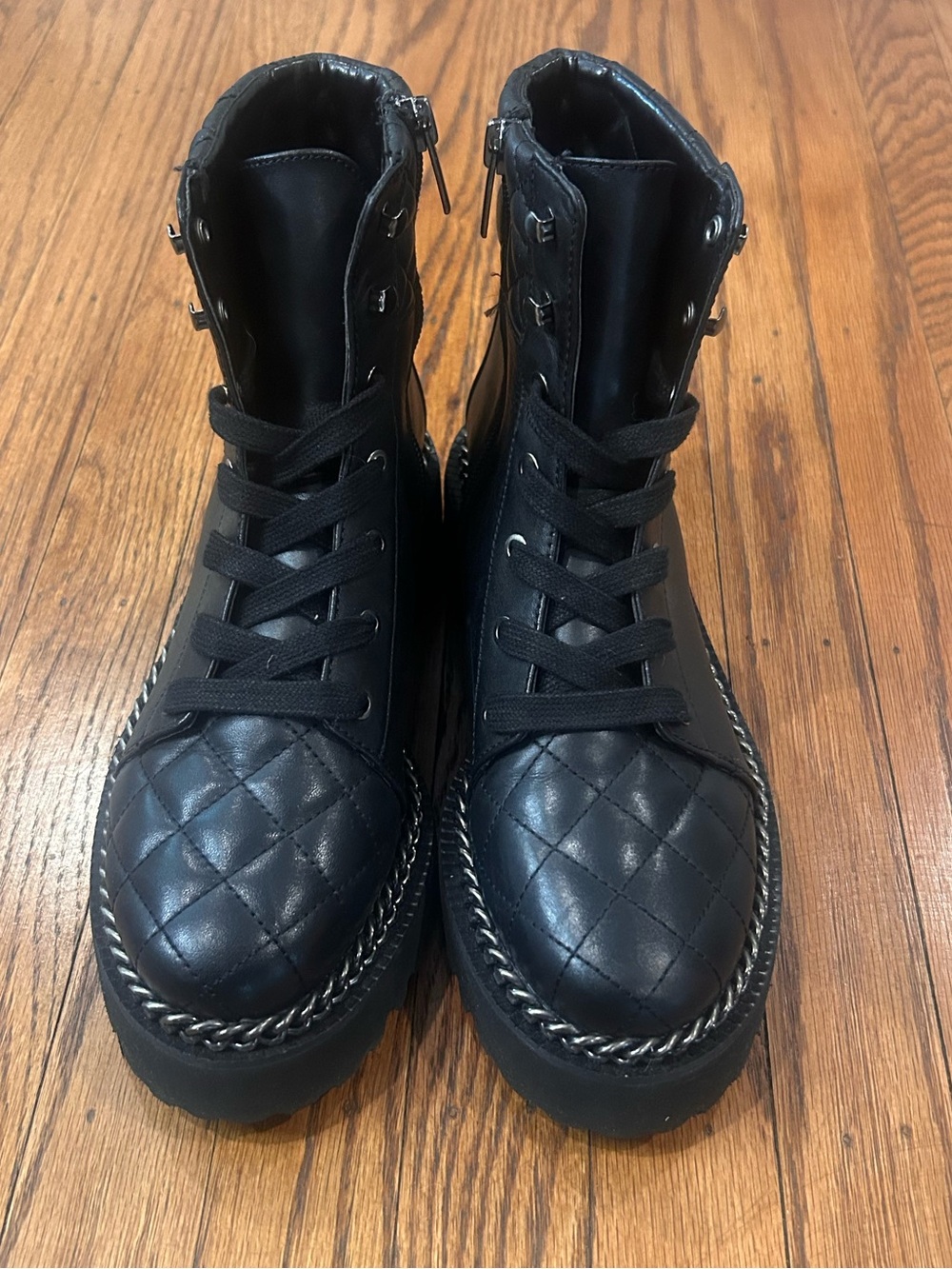 Black Quilted Leather Combat Boots - Unbranded